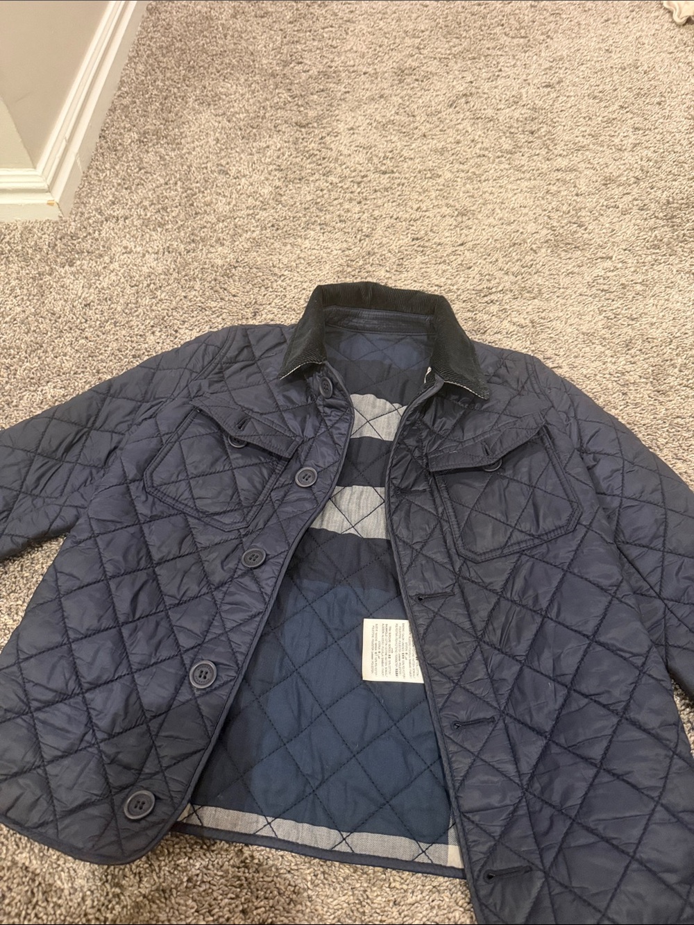 Boy's Burberry Quilted Navy Jacket with Corduroy Collar 8 years